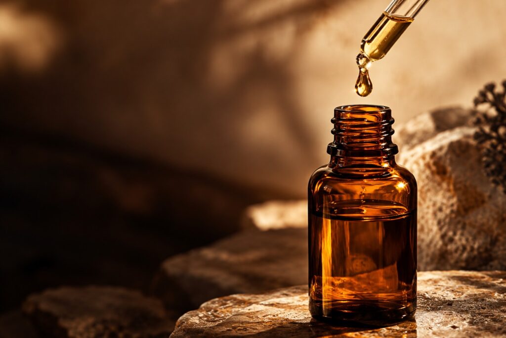 Frasco ámbar y gotero de cosmética sobre piedra